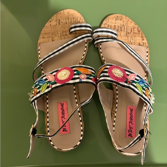 Betsey Johnson Women's Embroidered Sandals - Black and Floral - Picture 1 of 5